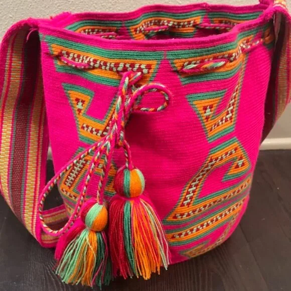 Pink and Orange Crossbody Bag with Geometric Patterns - Picture 7 of 12